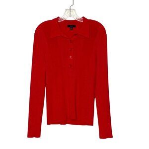 J.Crew Red Ribbed Long-Sleeve Polo Sweater Lightweight Silk Blend Knit Size L